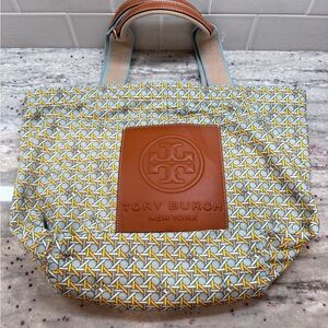 Tory Burch Yellow and Blue Tote Bag with Leather Accents